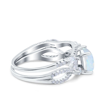 Two Piece Bridal Ring Art Deco Princess Cut Engagement Lab Created White Opal 925 Sterling Silver